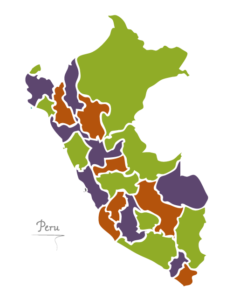 A map of peru with the colors purple, orange and green.