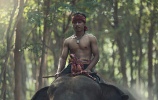A man riding on the back of an elephant.