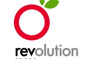 A red circle with an apple on it and the word revolution foods underneath.